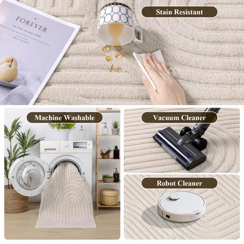 AR010117beigemachinewashablestainresistant8ftroundrugvacuumrobotfriendlyeasycleanheberug