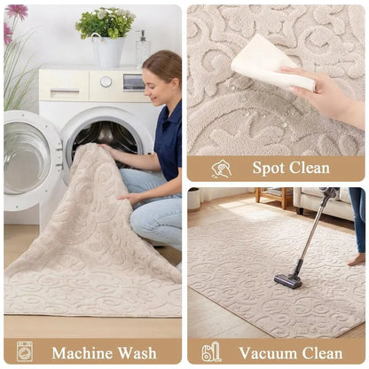 AR010755beigemachinewashablestainresistant8x10arearugeasycleanvacuumfriendlyheberug