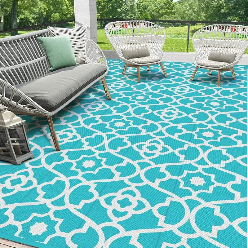 Moroccan Geometric Reversible Plastic Straw Outdoor Camping Area Rug