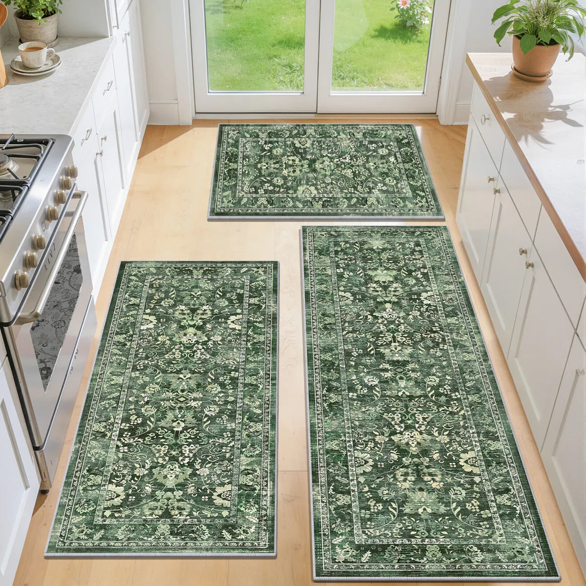 Kitchen Rugs Sets 3 Piece with Runner, Washable Non Slip Soft Boho Kitchen Mats, Low Pile Stain Resistant Carpet for Hallway, Laundry Room, Entryway