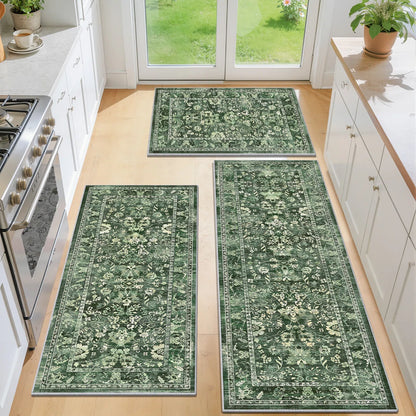 Kitchen Rugs Sets 3 Piece with Runner, Washable Non Slip Soft Boho Kitchen Mats, Low Pile Stain Resistant Carpet for Hallway, Laundry Room, Entryway