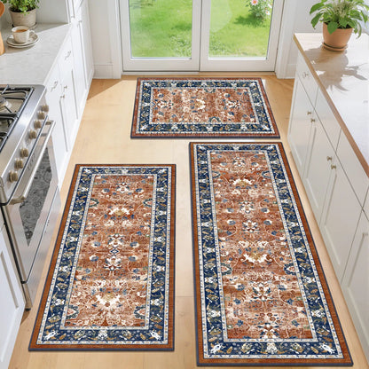 Kitchen Rugs Sets 3 Piece with Runner, Washable Non Slip Soft Boho Kitchen Mats, Low Pile Stain Resistant Carpet for Hallway, Laundry Room, Entryway