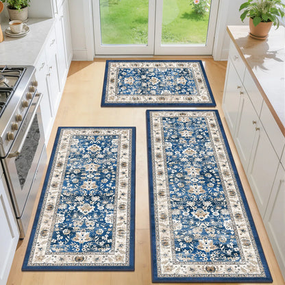 Kitchen Rugs Sets 3 Piece with Runner, Washable Non Slip Soft Boho Kitchen Mats, Low Pile Stain Resistant Carpet for Hallway, Laundry Room, Entryway
