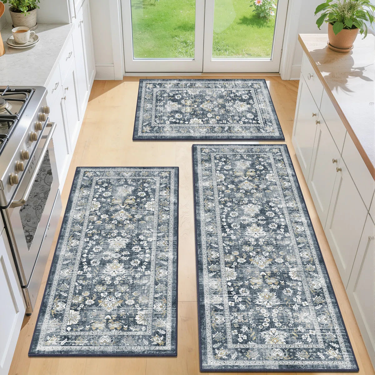 Kitchen Rugs Sets 3 Piece with Runner, Washable Non Slip Soft Boho Kitchen Mats, Low Pile Stain Resistant Carpet for Hallway, Laundry Room, Entryway