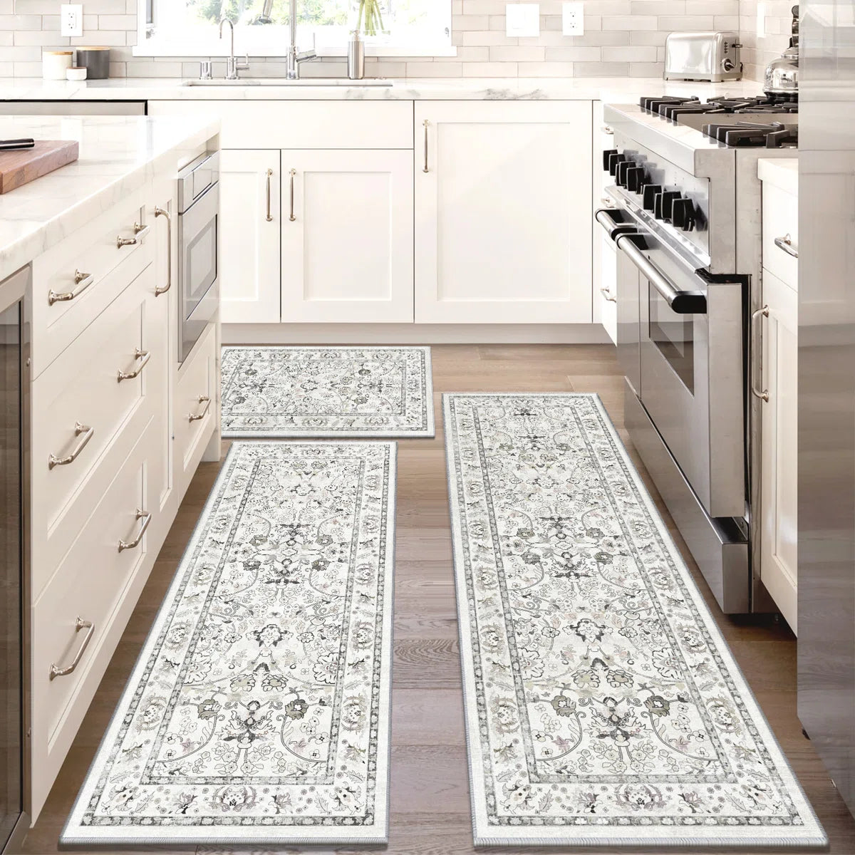 Kitchen Rugs Sets 3 Piece with Runner, Washable Non Slip Soft Boho Kitchen Mats, Low Pile Stain Resistant Carpet for Hallway, Laundry Room, Entryway