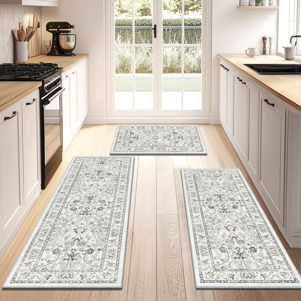 Kitchen Rugs Sets 3 Piece with Runner, Washable Non Slip Soft Boho Kitchen Mats, Low Pile Stain Resistant Carpet for Hallway, Laundry Room, Entryway