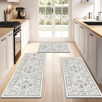 Kitchen Rugs Sets 3 Piece with Runner, Washable Non Slip Soft Boho Kitchen Mats, Low Pile Stain Resistant Carpet for Hallway, Laundry Room, Entryway