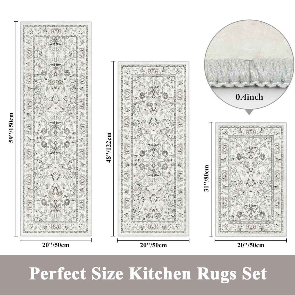 Kitchen Rugs Sets 3 Piece with Runner, Washable Non Slip Soft Boho Kitchen Mats, Low Pile Stain Resistant Carpet for Hallway, Laundry Room, Entryway