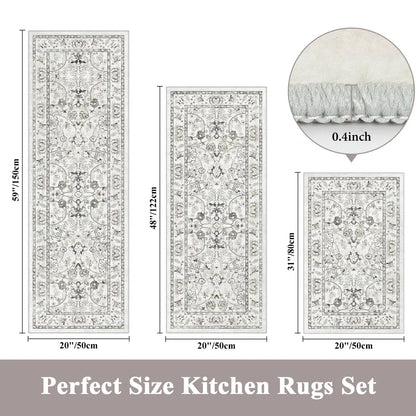 Kitchen Rugs Sets 3 Piece with Runner, Washable Non Slip Soft Boho Kitchen Mats, Low Pile Stain Resistant Carpet for Hallway, Laundry Room, Entryway
