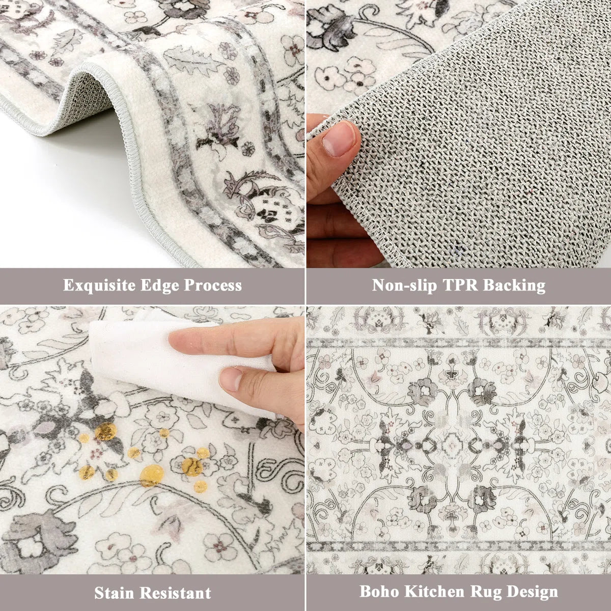 Kitchen Rugs Sets 3 Piece with Runner, Washable Non Slip Soft Boho Kitchen Mats, Low Pile Stain Resistant Carpet for Hallway, Laundry Room, Entryway