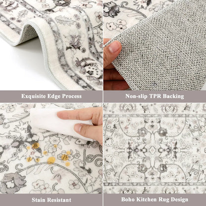 Kitchen Rugs Sets 3 Piece with Runner, Washable Non Slip Soft Boho Kitchen Mats, Low Pile Stain Resistant Carpet for Hallway, Laundry Room, Entryway
