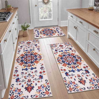 HEBE 3pcs Washable Kitchen Rug Set,Non-Slip Floral Boho Kitchen Mats Kitchen Runner Rug Floor Carpet 20"x32"+20"x48"+20"x59"