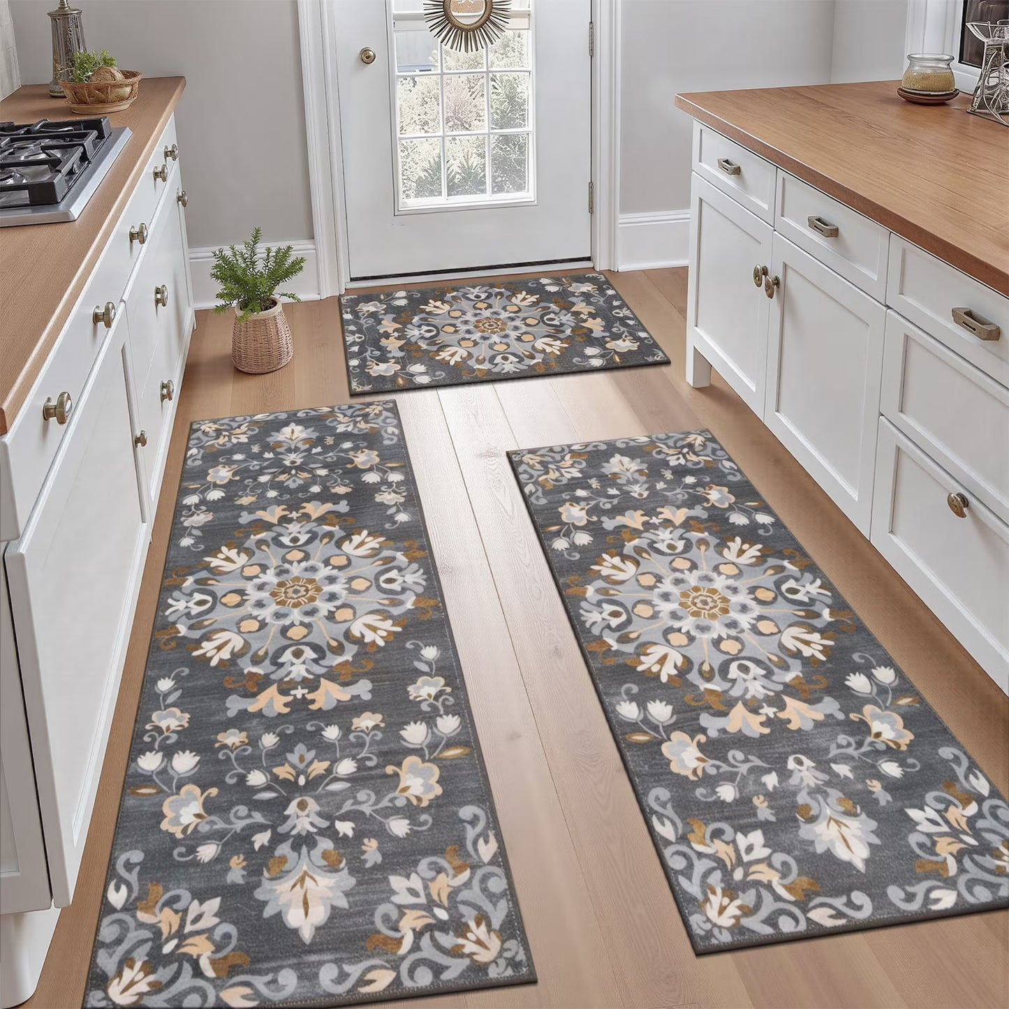 HEBE 3pcs Washable Kitchen Rug Set,Non-Slip Floral Boho Kitchen Mats Kitchen Runner Rug Floor Carpet 20"x32"+20"x48"+20"x59"