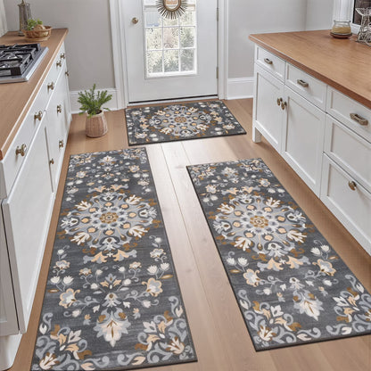 HEBE 3pcs Washable Kitchen Rug Set,Non-Slip Floral Boho Kitchen Mats Kitchen Runner Rug Floor Carpet 20"x32"+20"x48"+20"x59"