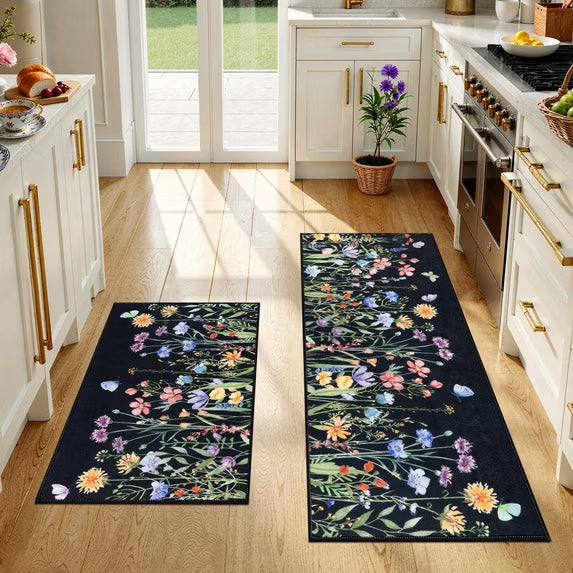 HEBE Floral Non-Slip Kitchen Rugs Set of 2,Washable Kitchen Mat Farmhouse Kitchen Floor Mats Runner for Home Sink Entrance Laundry Hallway,20"x32"+20"x47"