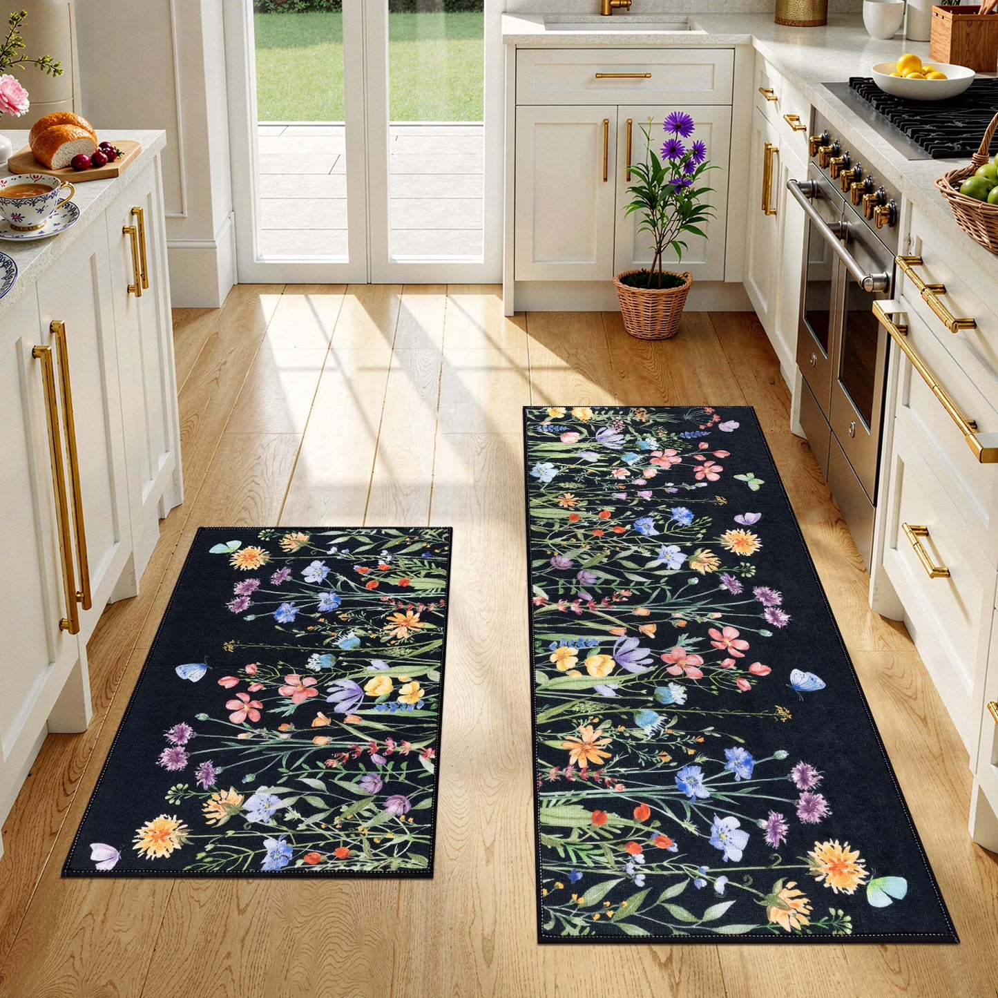 HEBE Floral Non-Slip Kitchen Rugs Set of 2,Washable Kitchen Mat Farmhouse Kitchen Floor Mats Runner for Home Sink Entrance Laundry Hallway,20"x32"+20"x47"