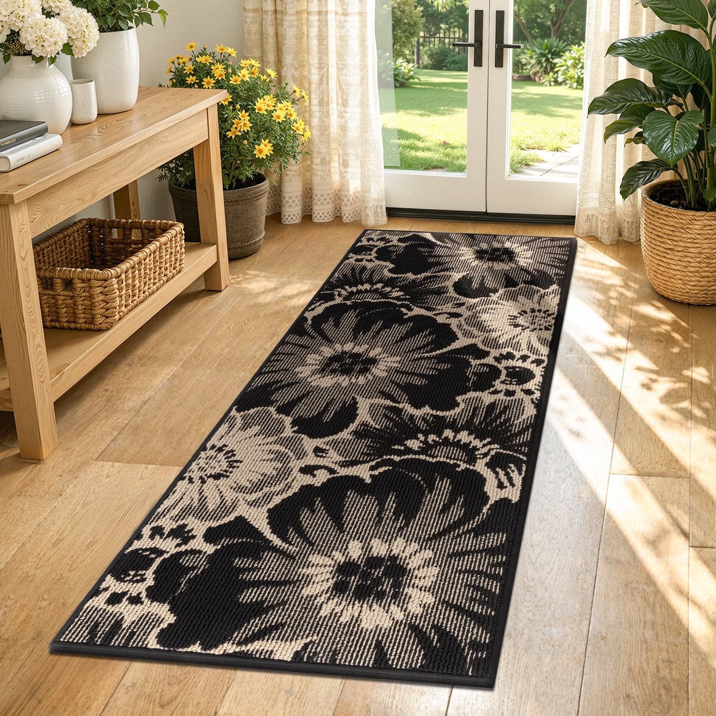 HEBE Runner Rug for Hallway,Non-slip Machine Washable Runners Flower Floor Mats Low Pile Carpet Rug Runner with Rubber Backing