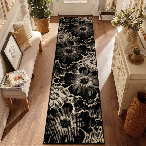 HEBE Runner Rug for Hallway,Non-slip Machine Washable Runners Flower Floor Mats Low Pile Carpet Rug Runner with Rubber Backing