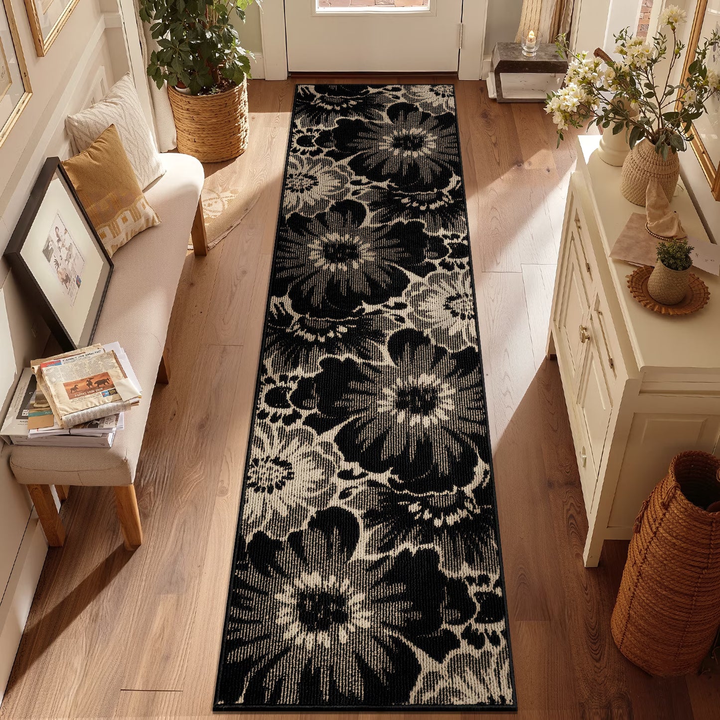 HEBE Runner Rug for Hallway,Non-slip Machine Washable Runners Flower Floor Mats Low Pile Carpet Rug Runner with Rubber Backing