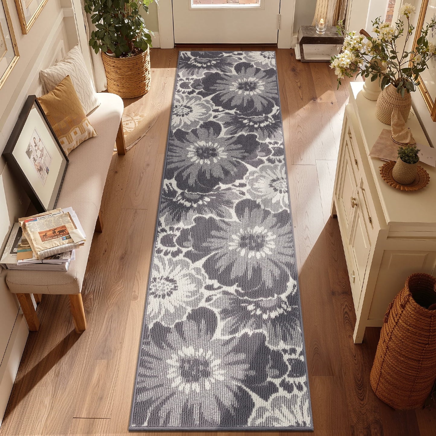 HEBE Runner Rug for Hallway,Non-slip Machine Washable Runners Flower Floor Mats Low Pile Carpet Rug Runner with Rubber Backing