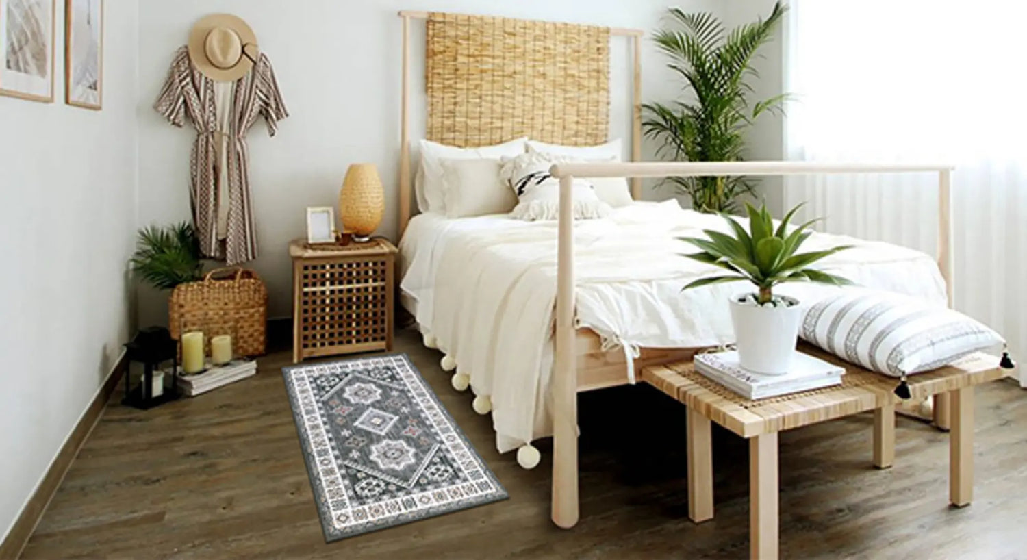 Heberug_cozy_underfoot_bedroom_rug_placed_next_to_a_modern_minimalist_bed_with_wooden_decor.