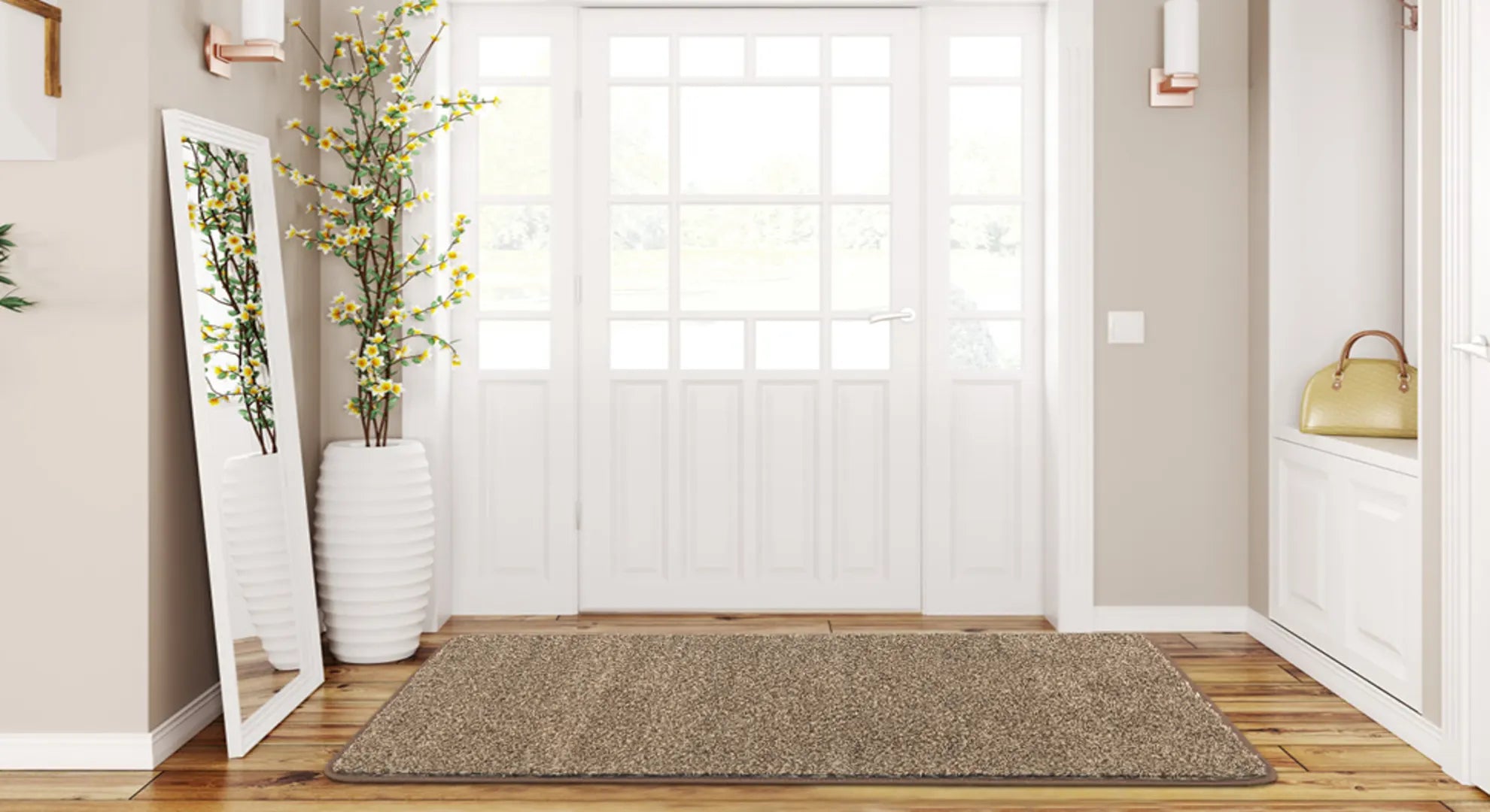 Heberug_premium_modern_minimalist_area_rug_styled_in_a_bright_sunlit_Scandinavian_living_room_entryway.