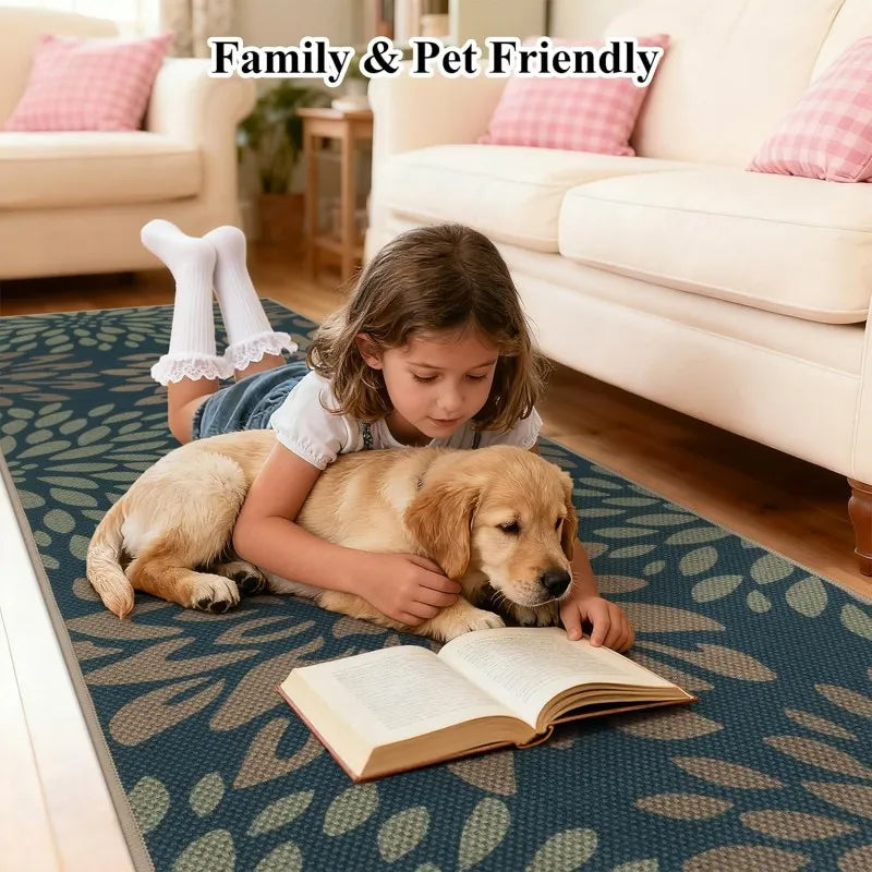 Kid_and_dog_lying_on_a_pet_friendly_teal_floral_runner_rug_in_living_room