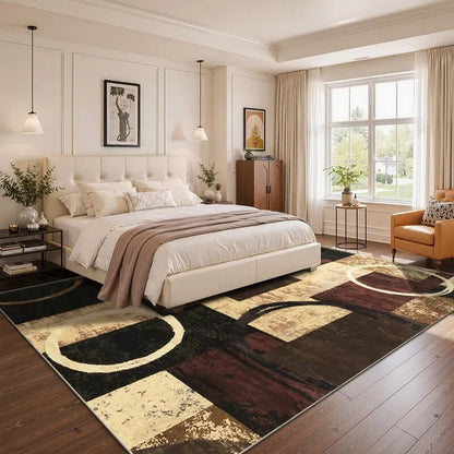 Large 9x12 brown modern abstract geometric area rug under king bed in warm bedroom living room AR009699 heberug