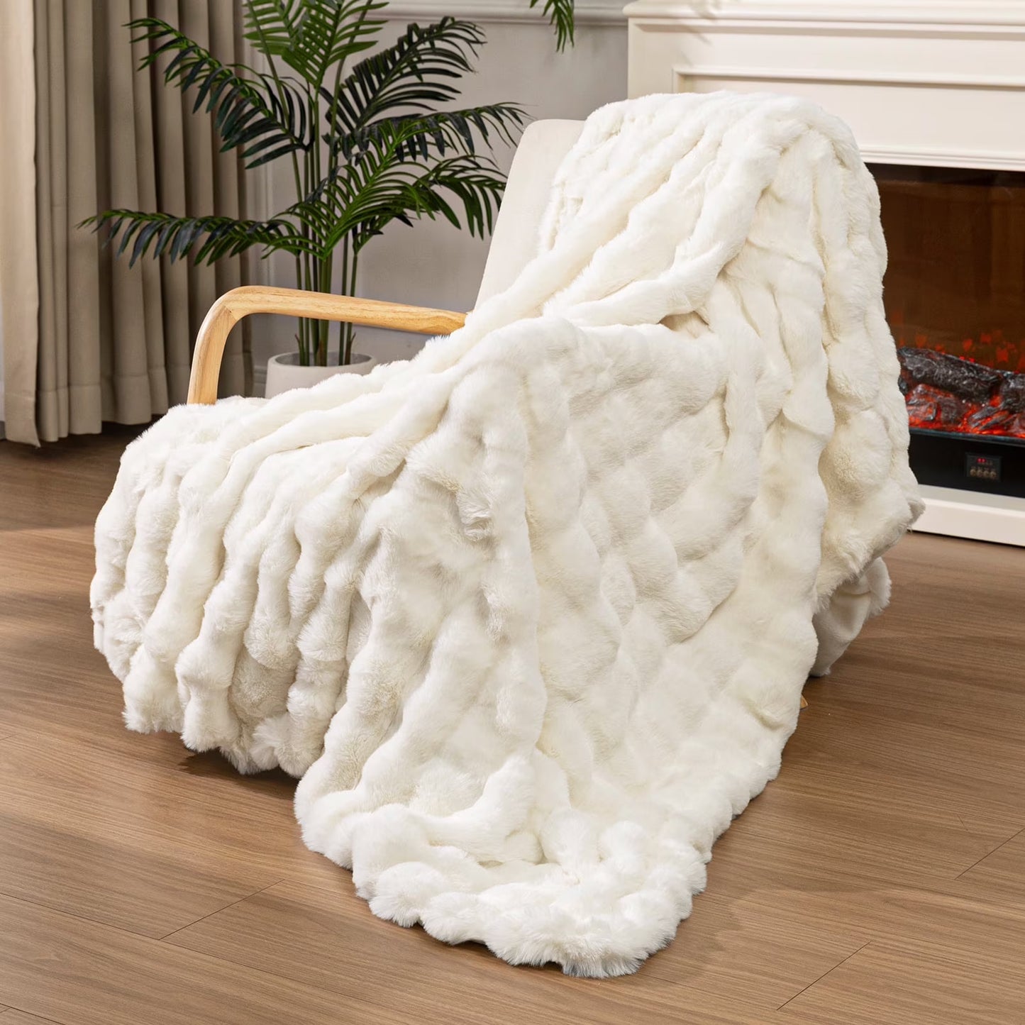 HEBE Faux Fur Throw Blanket for Couch, Cozy Soft Plush Thick Fuzzy Comfy Bubble Blanket and Fuzzy Plush Rabbit Fur Blanket for Sofa Bedroom Living Room