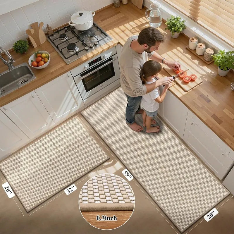 Set_of_2_cushioned_beige_grid_kitchen_runner_rugs_with_dimensions