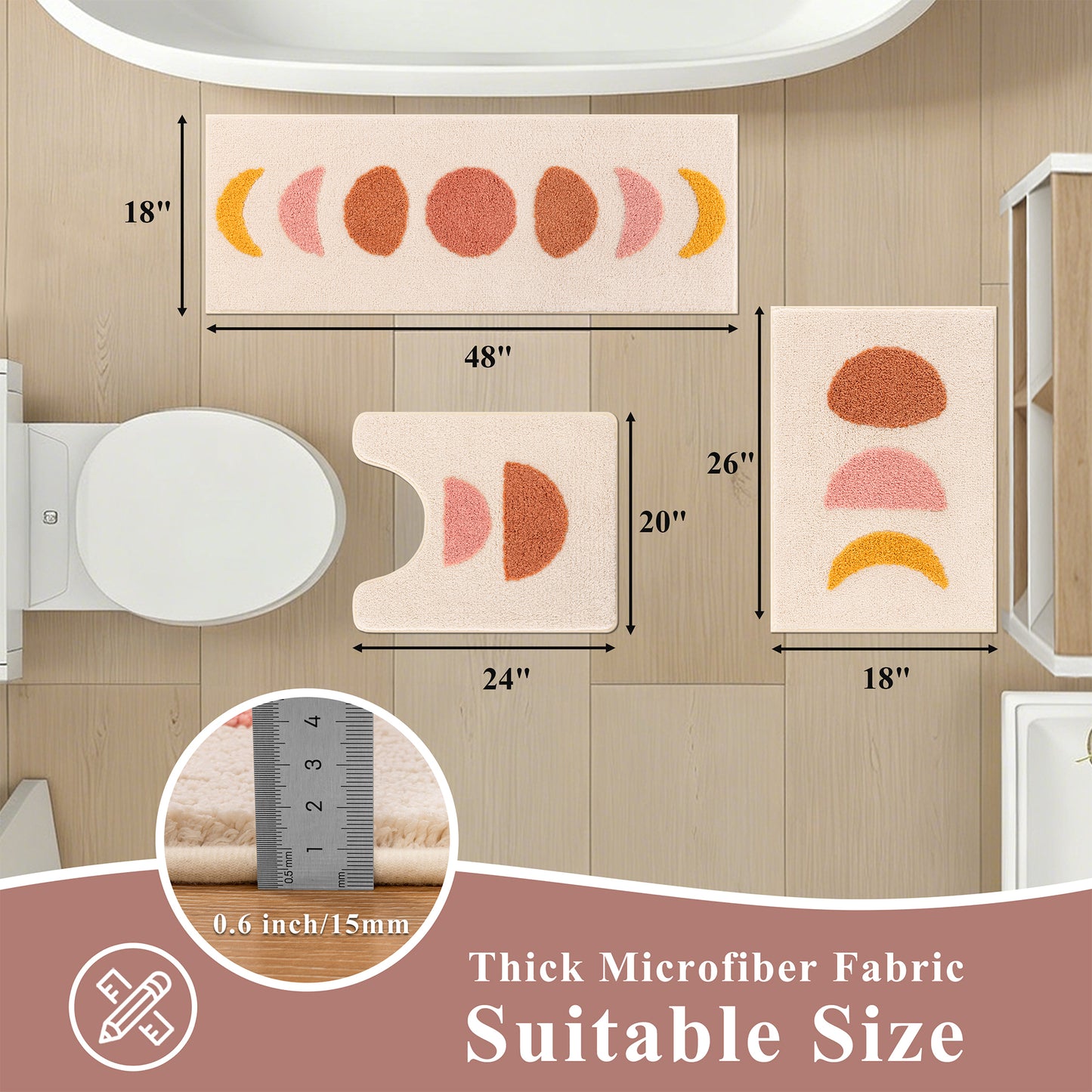 HEBE Bathroom Rugs Set of 3, Absorbent Microfiber Non-Slip Shaggy Ultra Soft Bath Mat