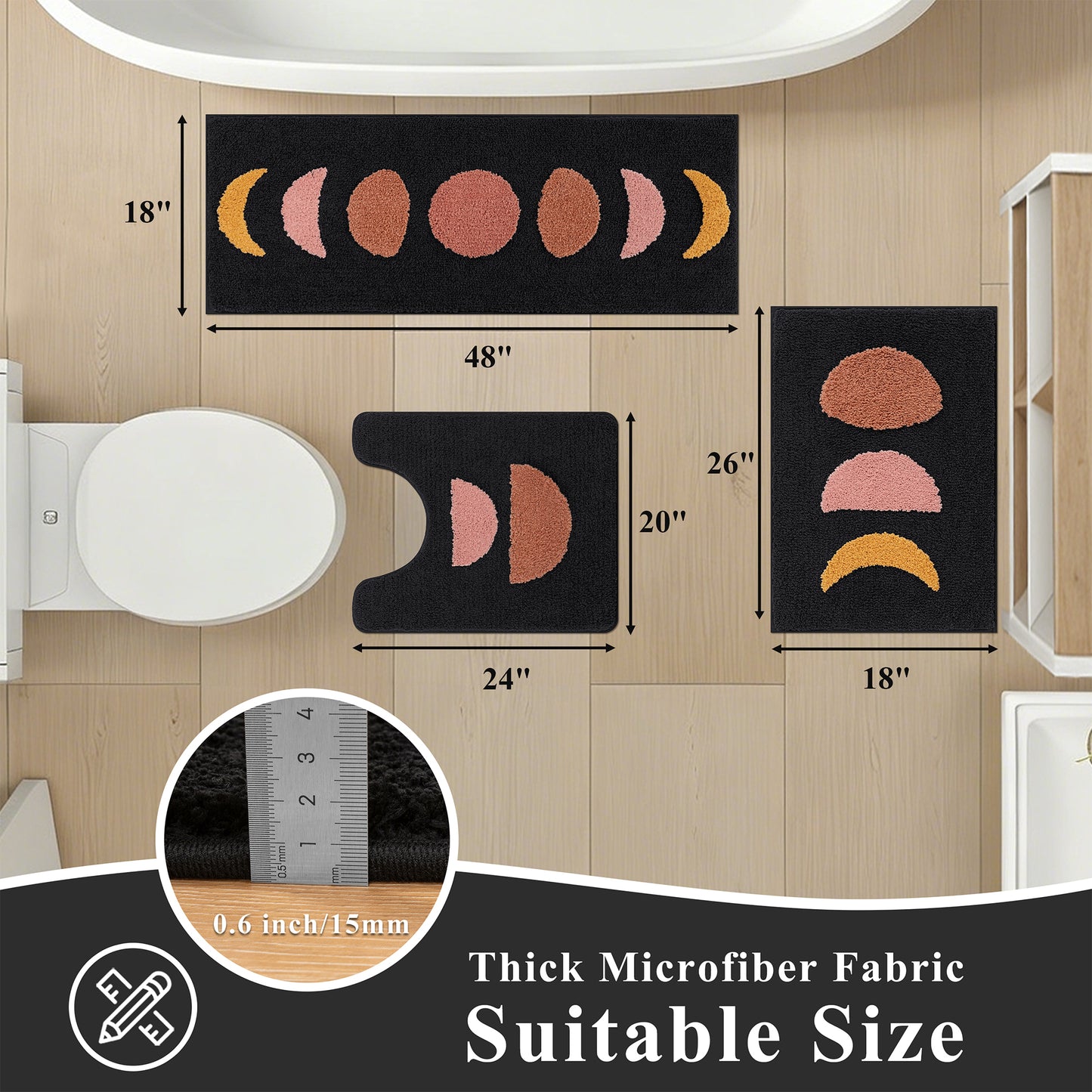 HEBE Bathroom Rugs Set of 3, Absorbent Microfiber Non-Slip Shaggy Ultra Soft Bath Mat
