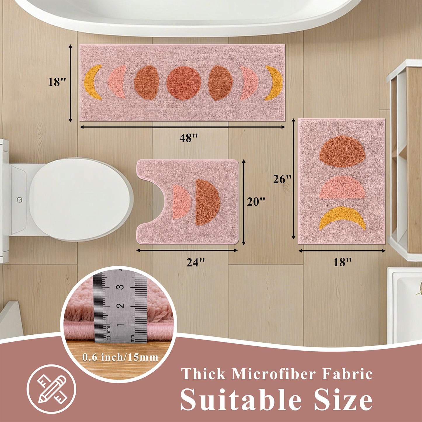 HEBE Bathroom Rugs Set of 3, Absorbent Microfiber Non-Slip Shaggy Ultra Soft Bath Mat