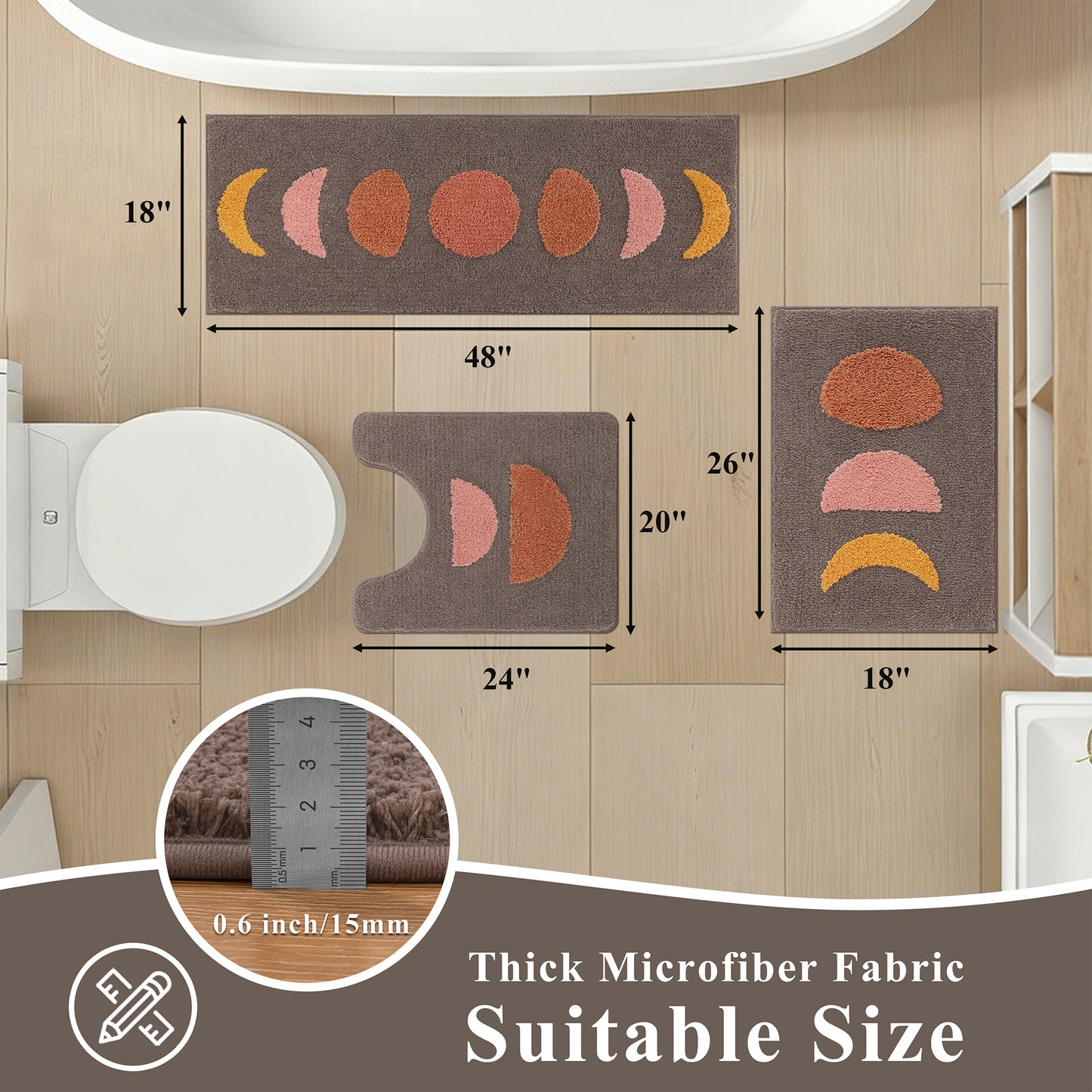 HEBE Bathroom Rugs Set of 3, Absorbent Microfiber Non-Slip Shaggy Ultra Soft Bath Mat