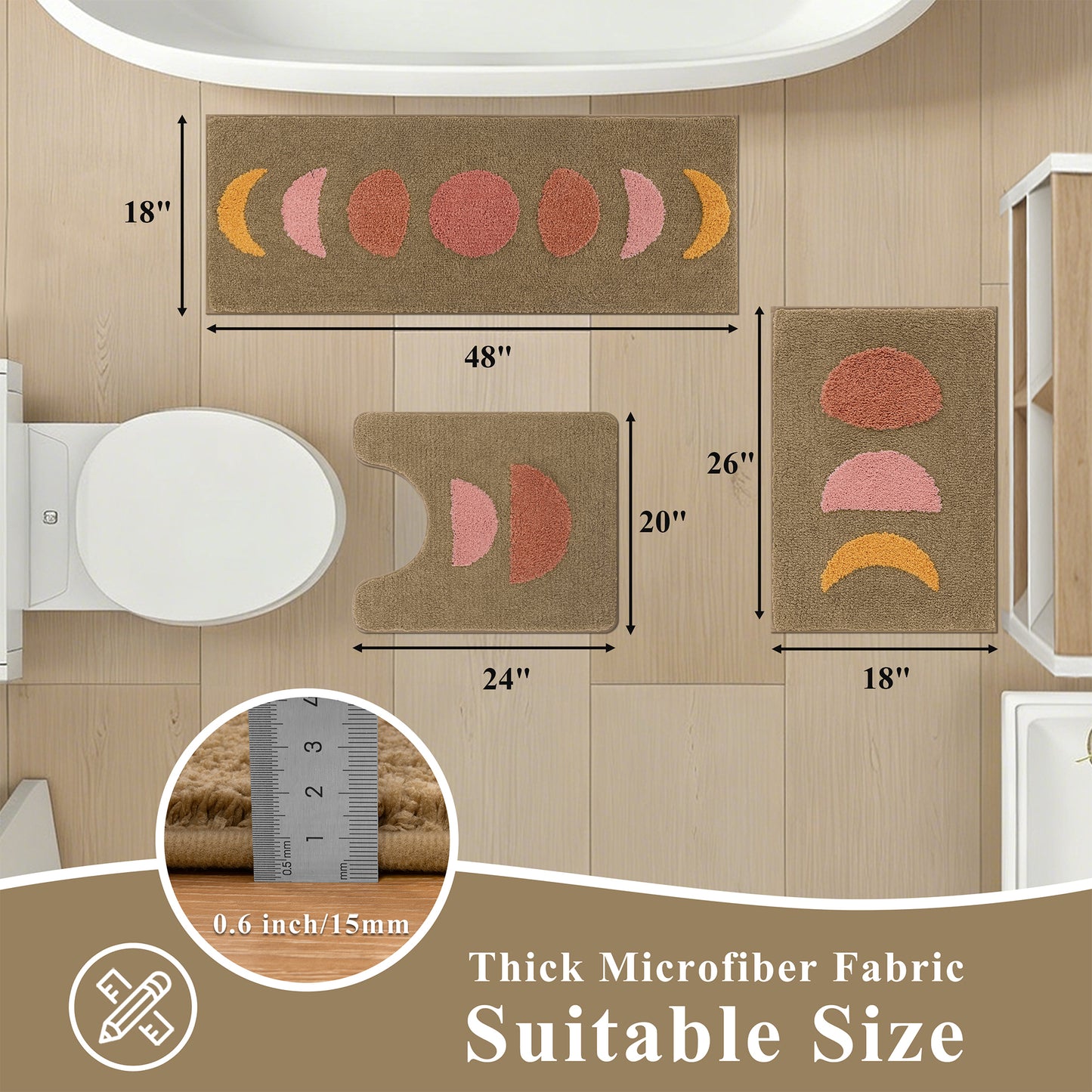 HEBE Bathroom Rugs Set of 3, Absorbent Microfiber Non-Slip Shaggy Ultra Soft Bath Mat