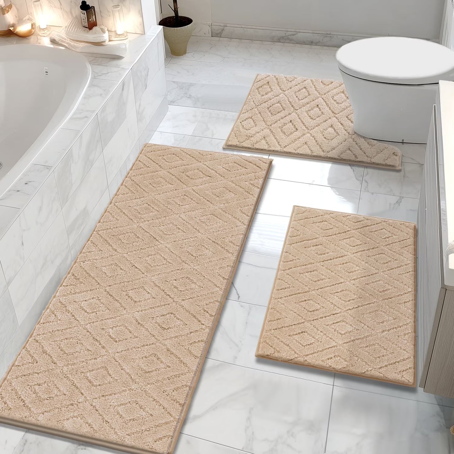 HEBE 3pcs Bathroom Rugs Set with U-Shaped Mat, Non Slip Water Absorbent Bath Rug Carpet