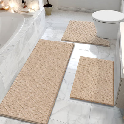 HEBE 3pcs Bathroom Rugs Set with U-Shaped Mat, Non Slip Water Absorbent Bath Rug Carpet