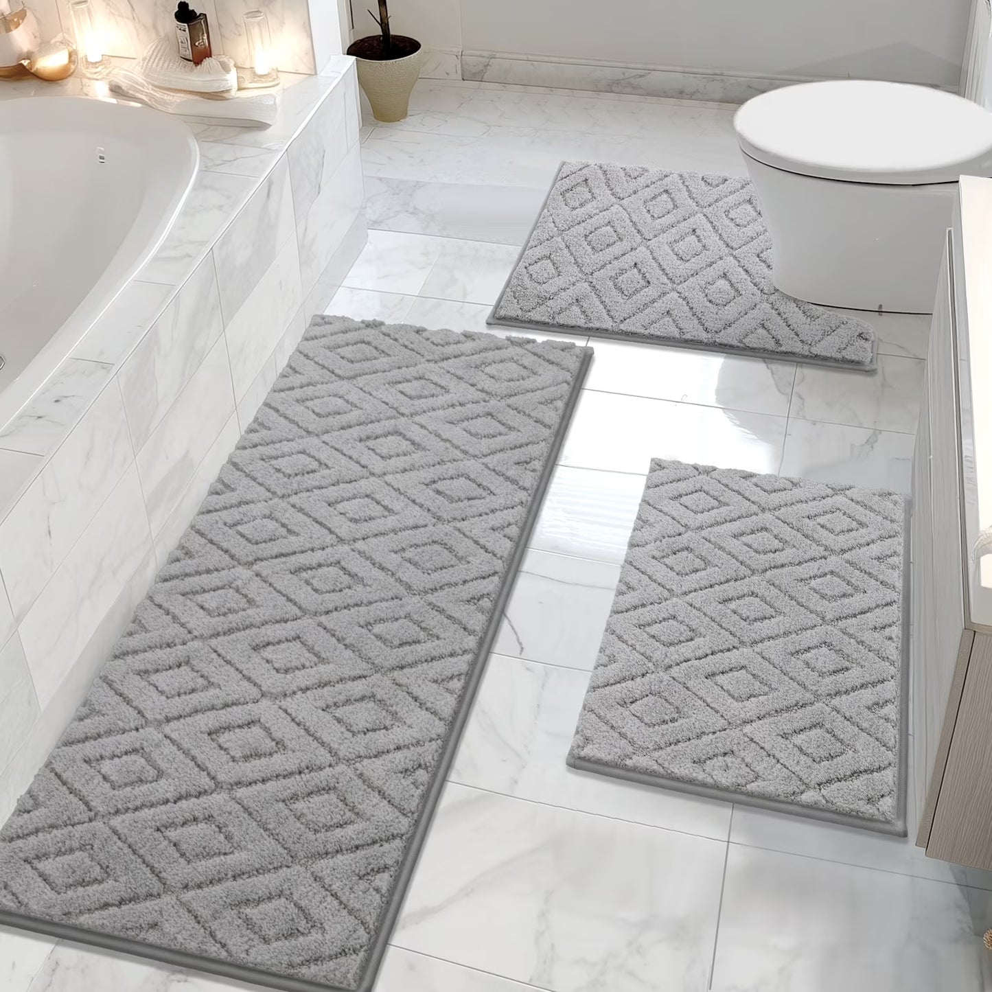 HEBE 3pcs Bathroom Rugs Set with U-Shaped Mat, Non Slip Water Absorbent Bath Rug Carpet