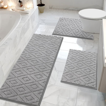 HEBE 3pcs Bathroom Rugs Set with U-Shaped Mat, Non Slip Water Absorbent Bath Rug Carpet