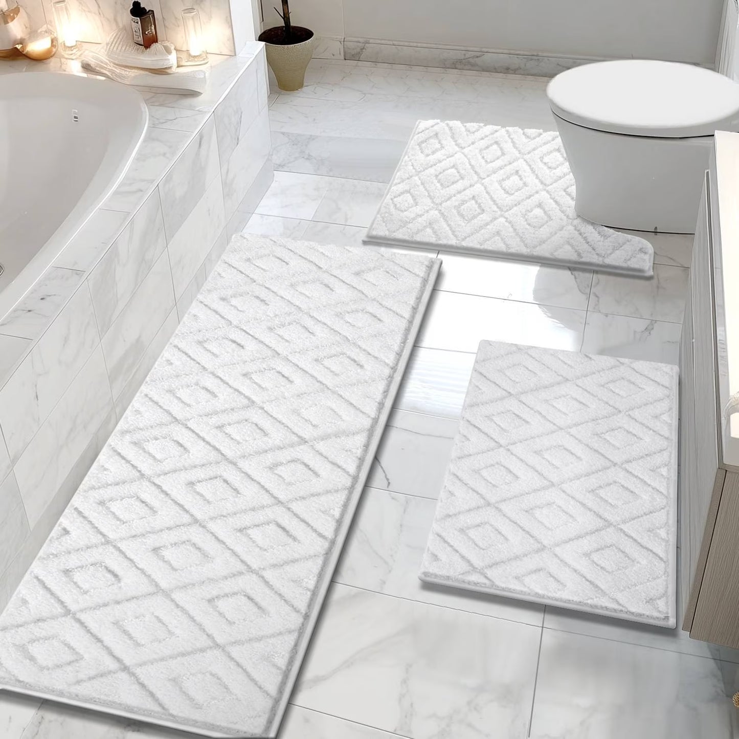 HEBE 3pcs Bathroom Rugs Set with U-Shaped Mat, Non Slip Water Absorbent Bath Rug Carpet