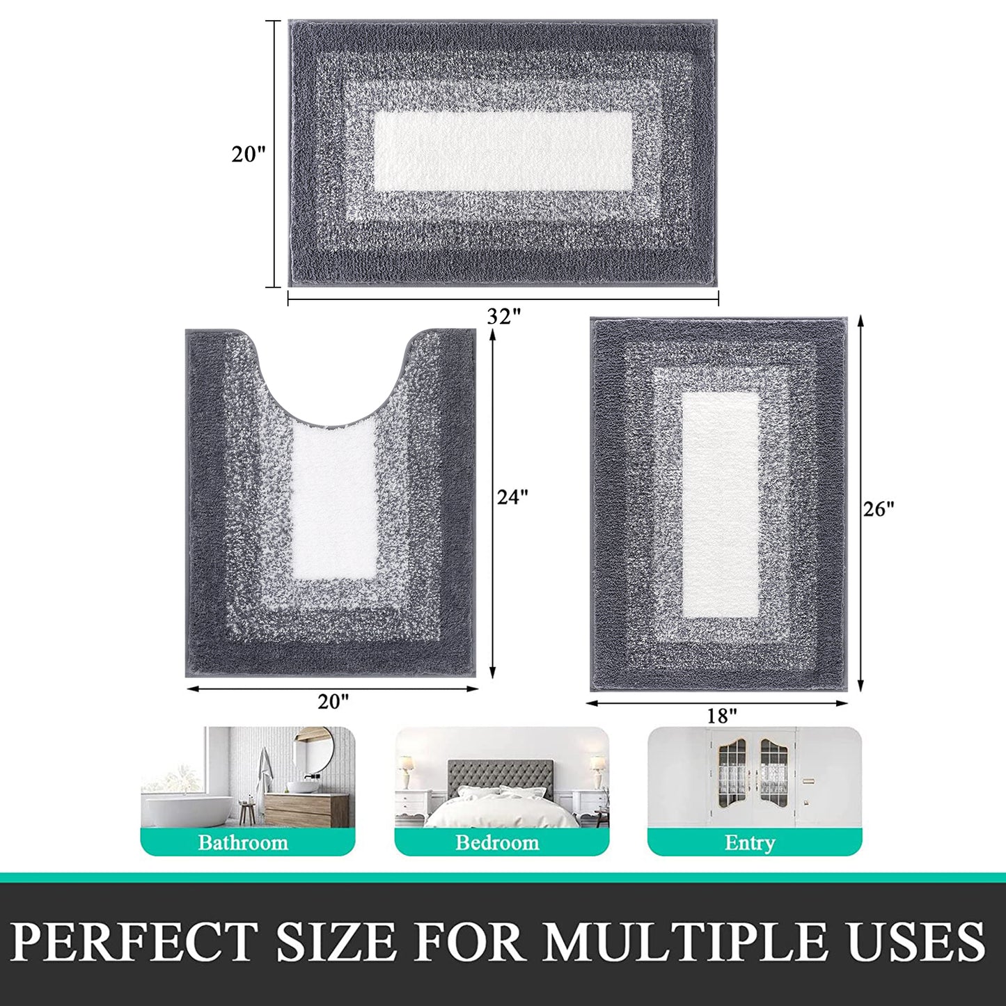 HEBE Microfiber Bathroom Rugs Sets 3 Piece, Non Slip Bath Rugs for Bathroom, Absorbent Plush Shaggy Bath Mat with U-Shaped Contour Toilet Mat Machine Washable