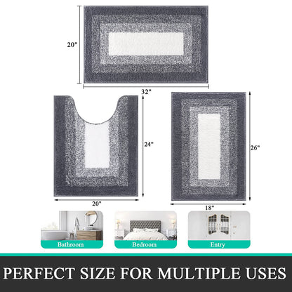 HEBE Microfiber Bathroom Rugs Sets 3 Piece, Non Slip Bath Rugs for Bathroom, Absorbent Plush Shaggy Bath Mat with U-Shaped Contour Toilet Mat Machine Washable