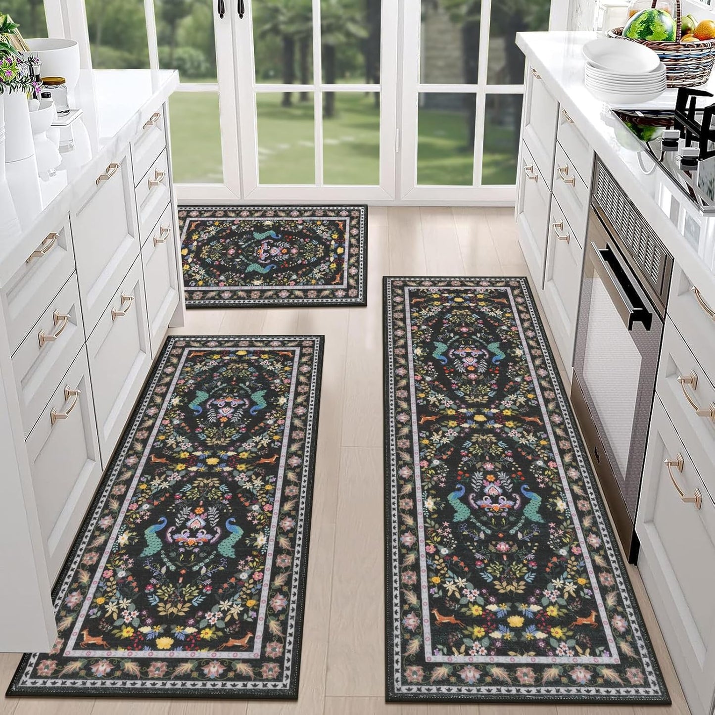 HEBE Machine Washable Non-Slip Kitchen Mat Farmhouse Kitchen Rugs Sets of 3 (20"x32"+20"x48"+20"x59")