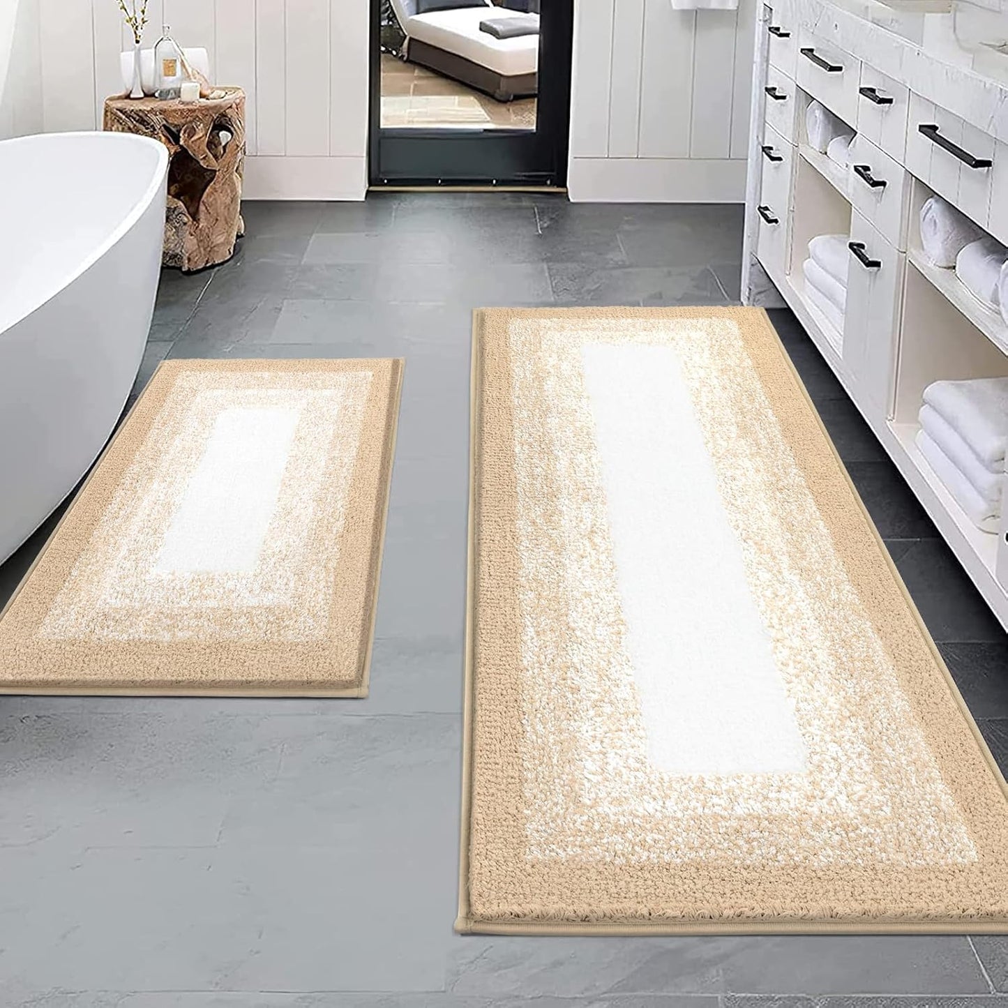 HEBE Bathroom Rug Set 2 Piece, Non-Slip Plush Shaggy Bath Mat, Soft Shaggy Absorbent Microfiber Bath Rugs Machine Washable Bath Mat with U-Shaped Toilet Mat for Bathroom