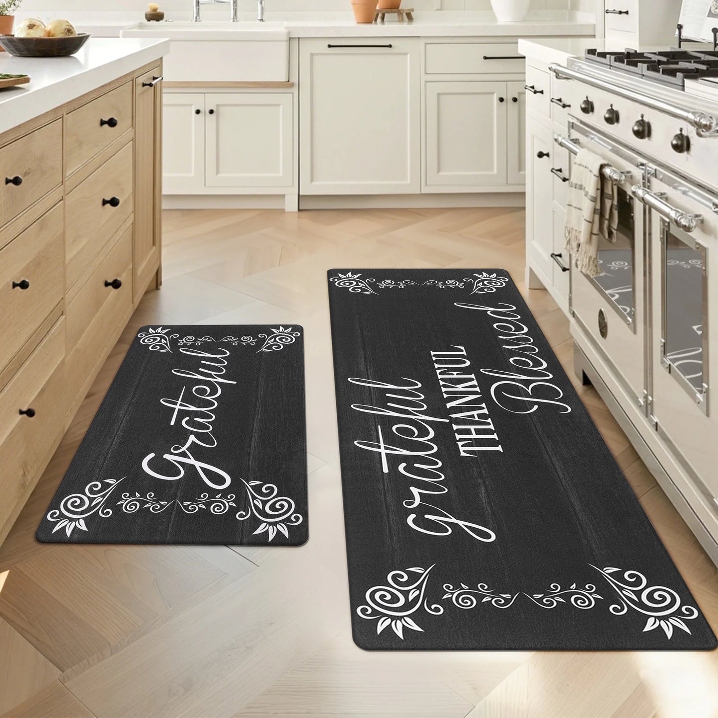 HEBE Farmhouse Kitchen Rug Set of 2, Non-Slip Anti-Fatigue Waterproof Cushioned Mat for Kitchen, Dining & Laundry Room, 18"x30"+18"x48"