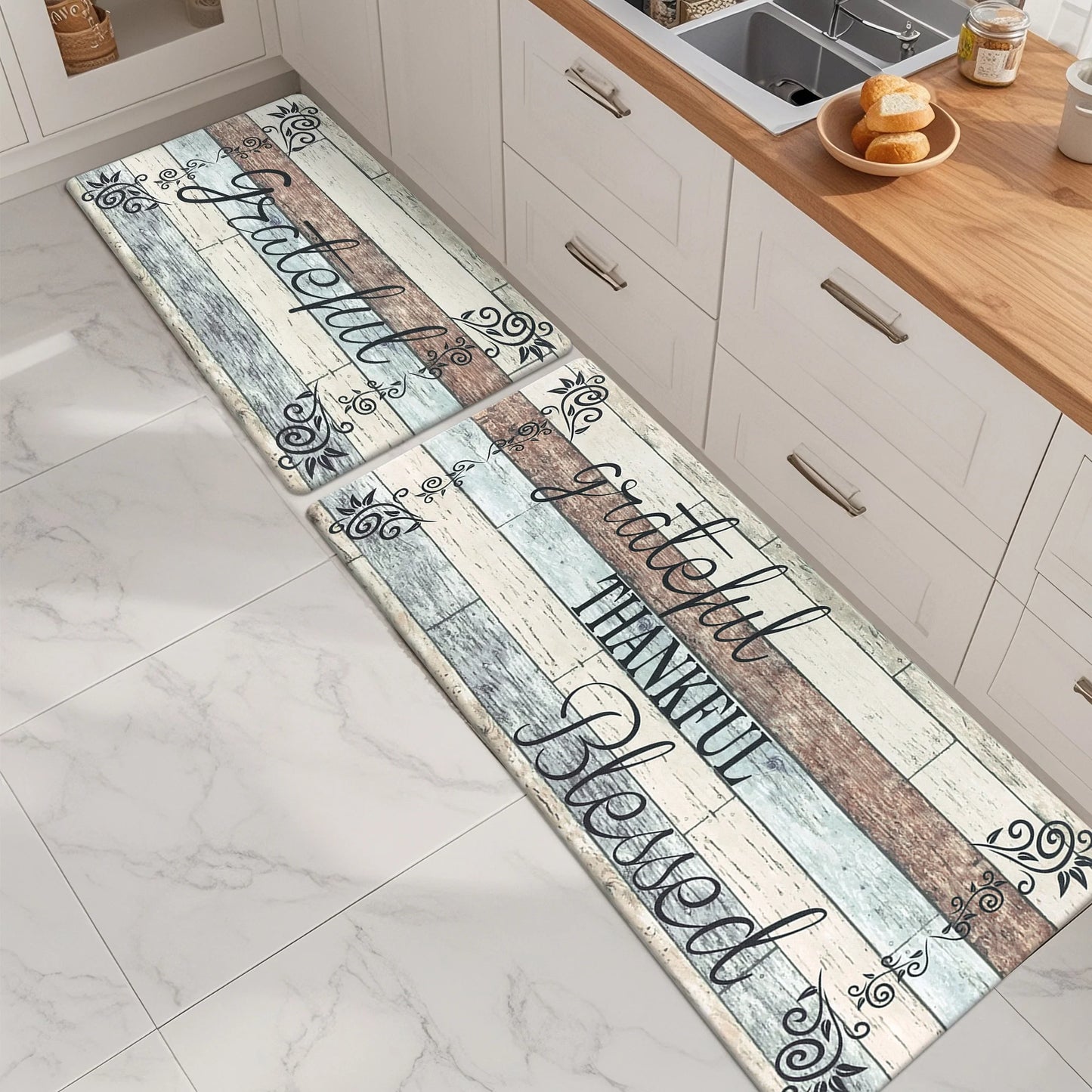 HEBE Farmhouse Kitchen Rug Set of 2, Non-Slip Anti-Fatigue Waterproof Cushioned Mat for Kitchen, Dining & Laundry Room, 18"x30"+18"x48"