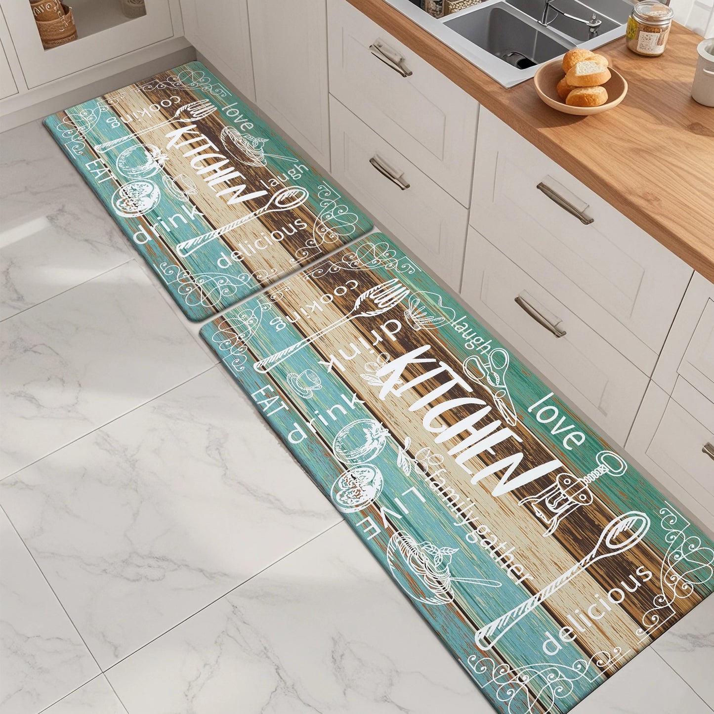 HEBE Farmhouse Kitchen Rug Set of 2, Non-Slip Anti-Fatigue Waterproof Cushioned Mat for Kitchen, Dining & Laundry Room, 18"x30"+18"x48"