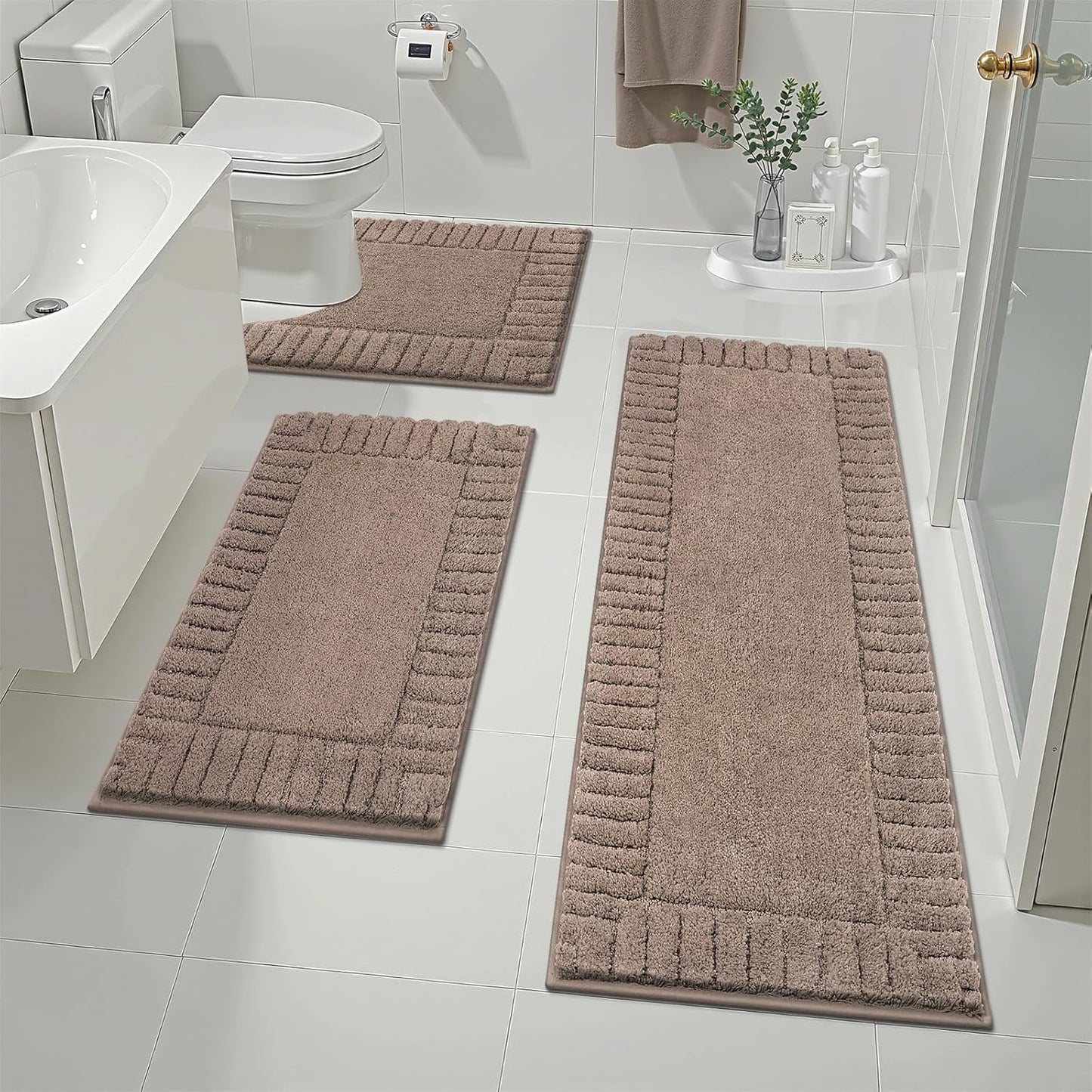 HEBE Bathroom Rugs Sets 3 Piece Bathroom Shower Rugs with U-Shaped Contour Toilet Mat Absorbent Microfiber Plush Bath Mats Non Slip Bath Rugs Machine Washable Shaggy Bath Mat Set