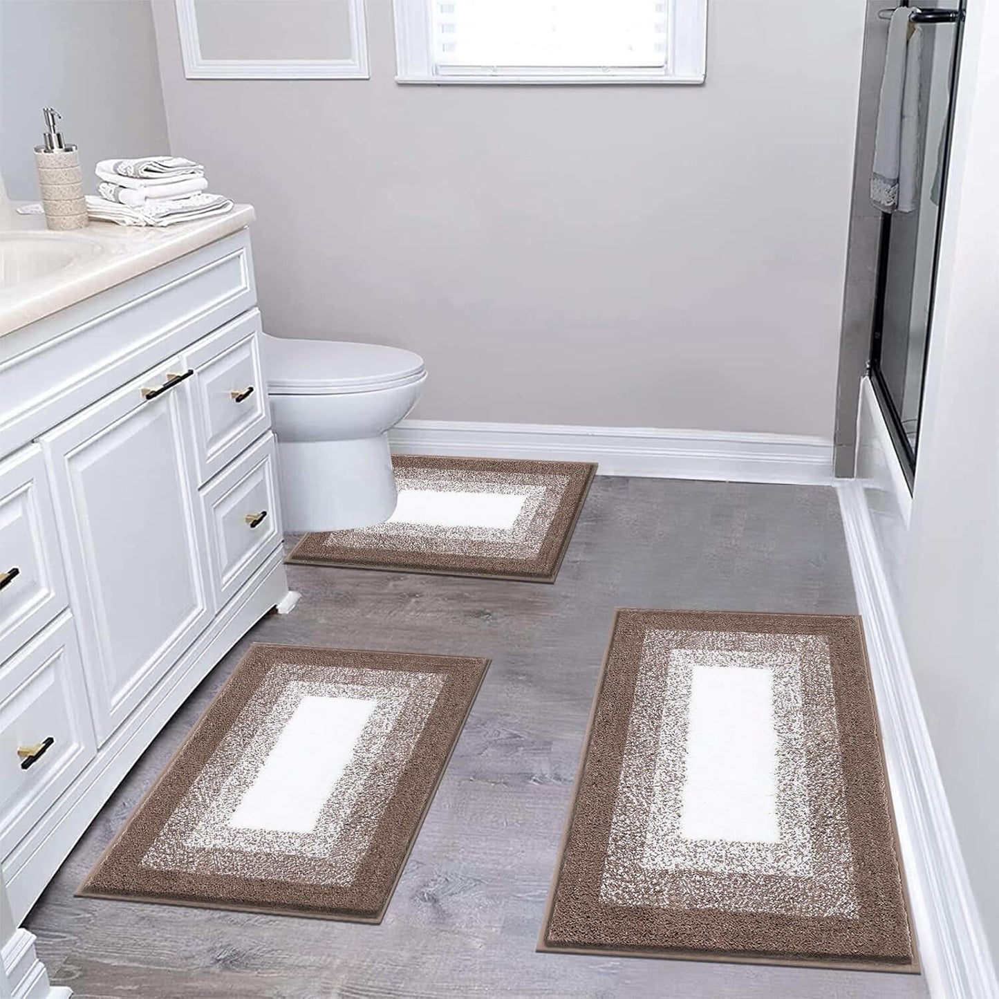 HEBE Microfiber Bathroom Rugs Sets 3 Piece, Non Slip Bath Rugs for Bathroom, Absorbent Plush Shaggy Bath Mat with U-Shaped Contour Toilet Mat Machine Washable