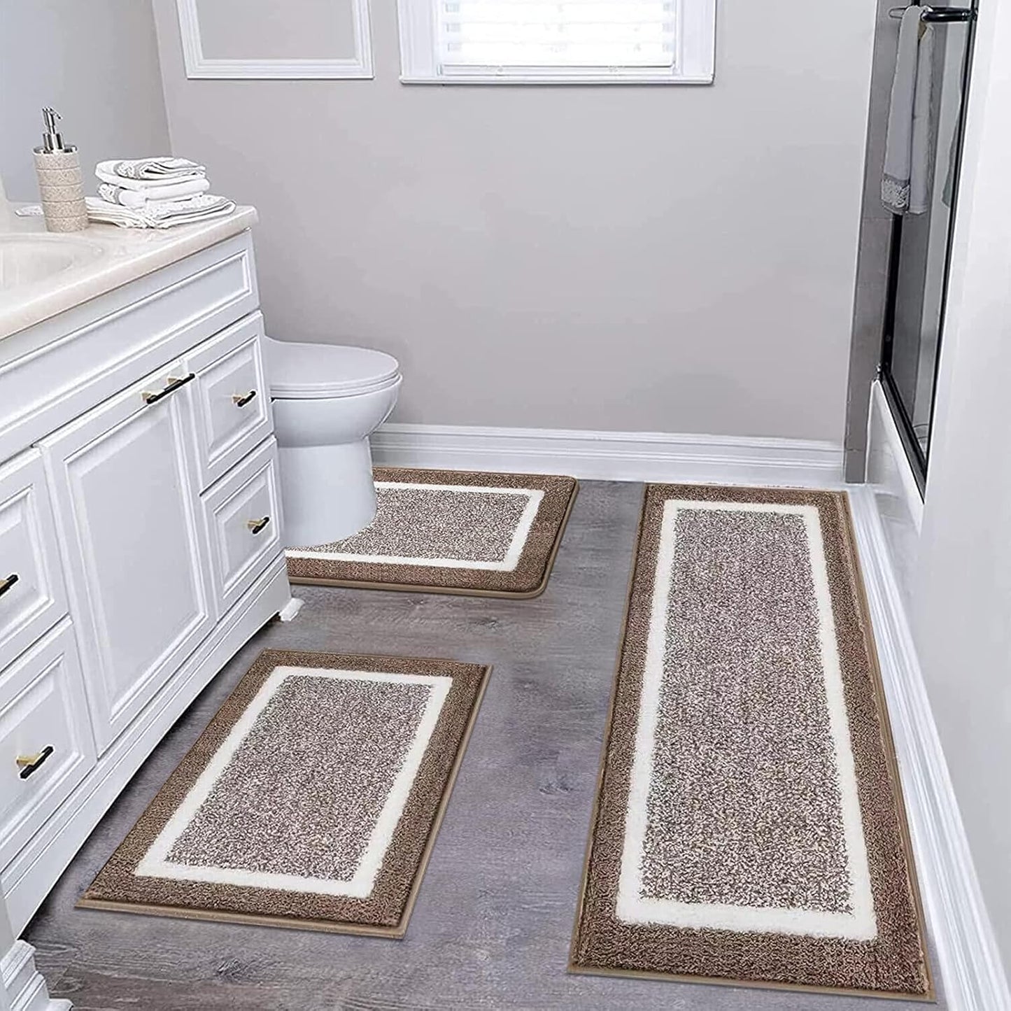 HEBE Bathroom Rug Mat Set 3 Piece, Microfiber Shaggy Bath Set, Non-Slip Ultra Soft Carpet Mats, Absorbent with U-Shaped Toilet for Bathroom, Tub, Shower